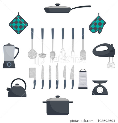 Kitchen utensils and appliances, set. Frying pan, saucepan, kettle, mixer, blender scales, oven mitts, ladle, spatula, whisk, skimmer, spoon, grater, kitchen axe, knife. Vector flat illustration. 108698603