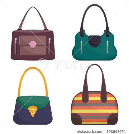 Collection of stylish colorful leather handbags with white stitching. Woman bag. Ladies handbags isolated on white background. Fashion accessories. Vector illustration in flat style. Collection of stylish colorful leather handbags with white stitching. Woman bag. Ladies handbags isolated on white background. Fashion accessories. Vector illustration in flat style. 108698651