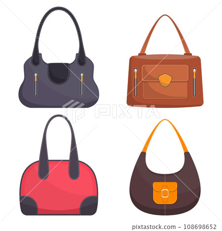Collection of stylish colorful leather handbags with white stitching. Woman bag. Ladies handbags isolated on white background. Fashion accessories. Vector illustration in flat style. Collection of stylish colorful leather handbags with white stitching. Woman bag. Ladies handbags isolated on white background. Fashion accessories. Vector illustration in flat style. 108698652