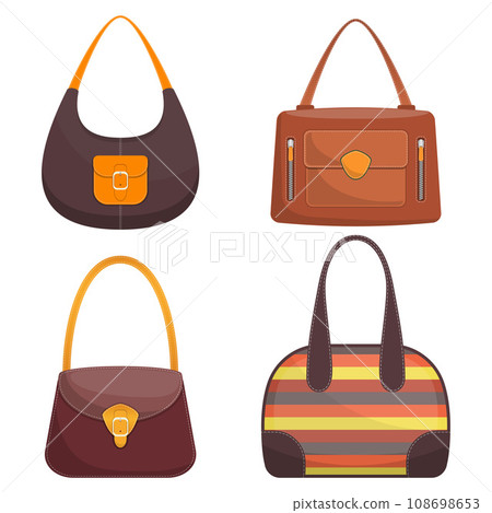 Collection of stylish colorful leather handbags with white stitching. Woman bag. Ladies handbags isolated on white background. Fashion accessories. Vector illustration in flat style. 108698653