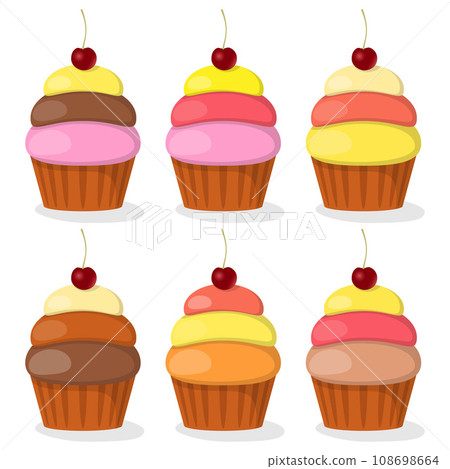 Cupcakes with colored cream and cherry, set. Vector illustration. 108698664