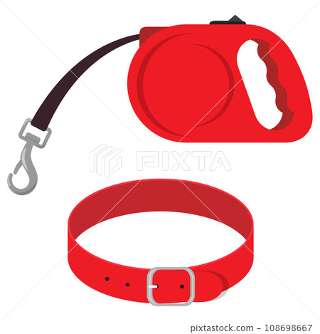 Retractable leash and collar for dog. Modern roulette lead for pets. Animal accessories for walk. Cartoon vector illustration. 108698667