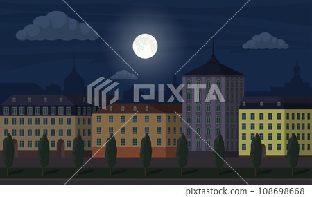 Night city landscape illustration. City buildings along wide street with trees. Beautiful cartoon vector illustration. Night city landscape illustration. City buildings along wide street with trees. Beautiful cartoon vector illustration. 108698668