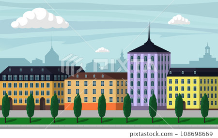 Vintage Europe city landscape illustration. City buildings along wide street with trees, benches and street lamps. Beautiful cartoon vector illustration. 108698669