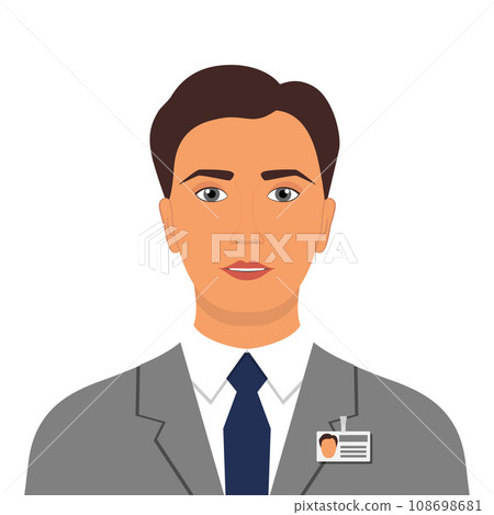 Elegant man in business suit with badge. Man business avatar profile picture. Vector illustration, isolated. Elegant man in business suit with badge. Man business avatar profile picture. Vector illustration, isolated. 108698681