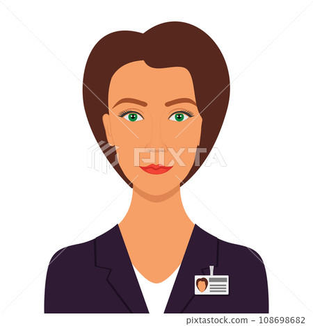 Elegant pretty woman in business suit with badge. Woman business avatar profile picture. Vector illustration, isolated. Elegant pretty woman in business suit with badge. Woman business avatar profile picture. Vector illustration, isolated. 108698682