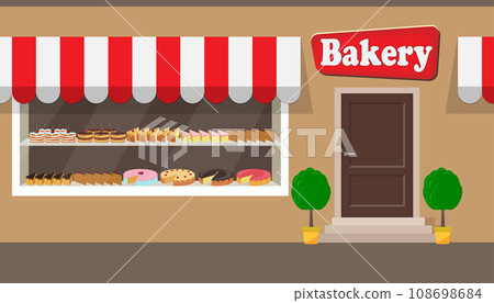 Bakery shop building facade with signboard. Different cakes and pies on shelves behind the window glass. Bakery facade vector illustration in flat style. 108698684
