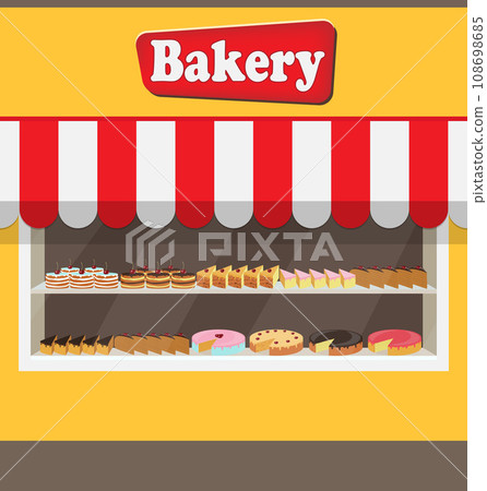 Bakery shop building facade with signboard. Different cakes and pies on shelves behind the window glass. Bakery facade vector illustration in flat style. Bakery shop building facade with signboard. Different cakes and pies on shelves behind the window glass. Bakery facade vector illustration in flat style. 108698685
