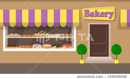 Bakery shop building facade with signboard. Different cakes and pies on shelves behind the window glass. Bakery facade vector illustration in flat style. 108698686