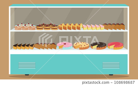 Refrigerator with shelves and cakes on it. Various pastries and cakes in showcase refrigerator. Vector illustration. Refrigerator with shelves and cakes on it. Various pastries and cakes in showcase refrigerator. Vector illustration. 108698687