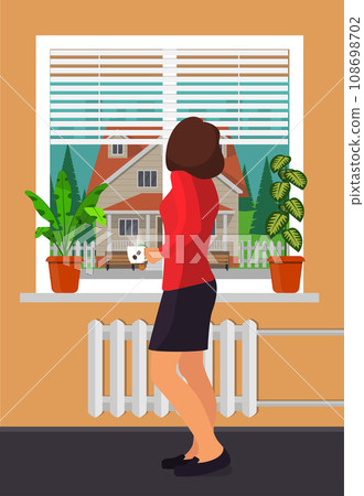 Woman with a cup of coffee stands by the window. Room plants in pots on the windowsill. Blinds on the window, beautiful private house outside the window. Vector illustration in flat style. 108698702