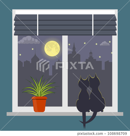 Silhouettes of two cats sitting on a windowsill under the light of the moon. Night city outside the window. Blinds on window and room plant in pot on the windowsill. Vector illustration. Silhouettes of two cats sitting on a windowsill under the light of the moon. Night city outside the window. Blinds on window and room plant in pot on the windowsill. Vector illustration. 108698709