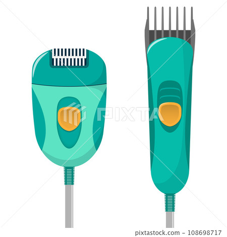 Modern electric epilator for gentle removal of unwanted body hair and electric hair clipper. Vector flat illustration, isolated on white background. Modern electric epilator for gentle removal of unwanted body hair and electric hair clipper. Vector flat illustration, isolated on white background. 108698717