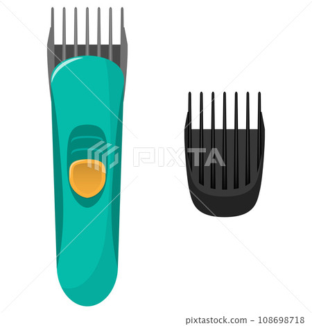 Modern electric hair clipper and the original replacement air nozzle for it. Vector flat illustration, isolated on white background. Modern electric hair clipper and the original replacement air nozzle for it. Vector flat illustration, isolated on white background. 108698718