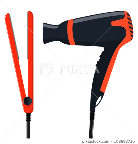Modern stylish professional hair straightener and hair dryer for drying hair and styling, isolated on white background. Vector flat illustration. Modern stylish professional hair straightener and hair dryer for drying hair and styling, isolated on white background. Vector flat illustration. 108698720