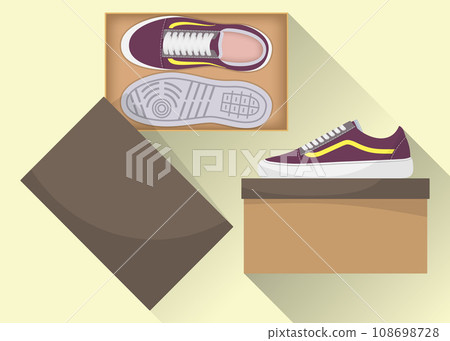 Stylish modern sneakers in box, side and top view. Sneakers in a shoe box. Sports or casual shoes. Illustration for a shoe store. Vector flat illustration. 108698728