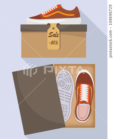 Stylish modern sneakers in box, side and top view. The price tag with a discount of 50 percent. Sports or casual shoes. Illustration for a shoe store. Vector flat illustration. Stylish modern sneakers in box, side and top view. The price tag with a discount of 50 percent. Sports or casual shoes. Illustration for a shoe store. Vector flat illustration. 108698729