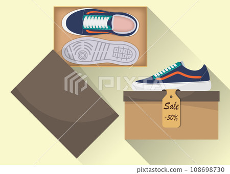 Stylish modern sneakers in box, side and top view. The price tag with a discount of 50 percent. Sports or casual shoes. Illustration for a shoe store. Vector flat illustration. 108698730
