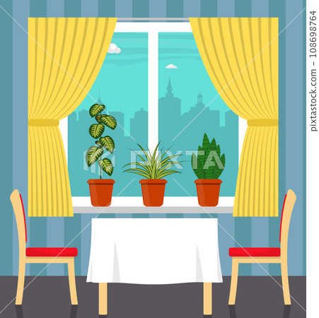Big window with curtain and plants in pots on the windowsill, table with white tablecloth and two chairs in the foreground. City outside the window. Vector illustration in flat style. Big window with curtain and plants in pots on the windowsill, table with white tablecloth and two chairs in the foreground. City outside the window. Vector illustration in flat style. 108698764