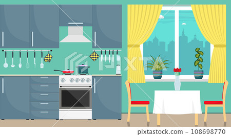 Modern stylish kitchen interior. Kitchen utensils and appliances, furniture, gas stove, refrigerator. Pan and frying pan on the stove. Vector illustration in flat style. Modern stylish kitchen interior. Kitchen utensils and appliances, furniture, gas stove, refrigerator. Pan and frying pan on the stove. Vector illustration in flat style. 108698770