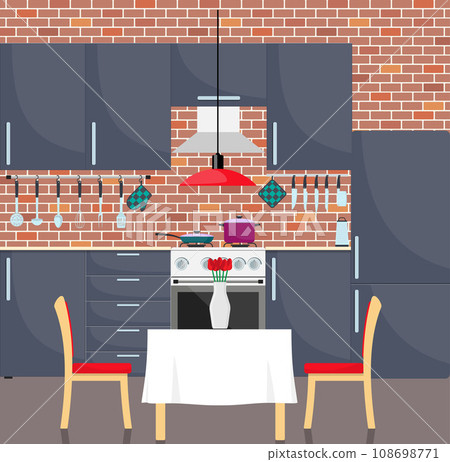 Modern stylish kitchen interior. Kitchen utensils and appliances, furniture, gas stove, refrigerator. Pan and frying pan on the stove. Vector illustration in flat style. 108698771