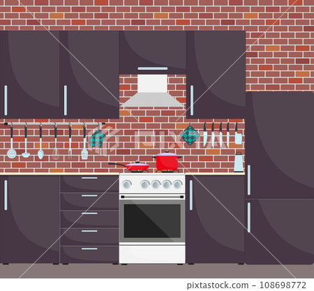 Modern stylish kitchen interior. Kitchen utensils and appliances, furniture, gas stove, refrigerator. Pan and frying pan on the stove. Vector illustration in flat style. Modern stylish kitchen interior. Kitchen utensils and appliances, furniture, gas stove, refrigerator. Pan and frying pan on the stove. Vector illustration in flat style. 108698772