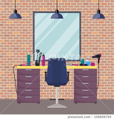 Hairdresser s workplace in woman beauty hairdressing salon. Chair, mirror, table, hairdressing tools, cosmetic products for hair care. Barber shop interior. Flat style vector illustration. Hairdresser s workplace in woman beauty hairdressing salon. Chair, mirror, table, hairdressing tools, cosmetic products for hair care. Barber shop interior. Flat style vector illustration. 108698784