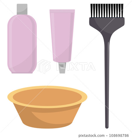 Hair dye, oxidizer, hair dye brush and mixing bowl. Hair coloring set, vector illustration, isolated on white. Hair dye, oxidizer, hair dye brush and mixing bowl. Hair coloring set, vector illustration, isolated on white. 108698786