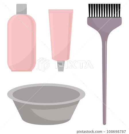 Hair dye, oxidizer, hair dye brush and mixing bowl. Hair coloring set, vector illustration, isolated on white. Hair dye, oxidizer, hair dye brush and mixing bowl. Hair coloring set, vector illustration, isolated on white. 108698787