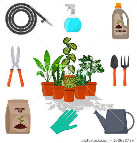 Potted plants surrounded by garden tools. Set of gardening tools, potting soil, various fertilizers in bottles. Vector illustration in flat style. Potted plants surrounded by garden tools. Set of gardening tools, potting soil, various fertilizers in bottles. Vector illustration in flat style. 108698789