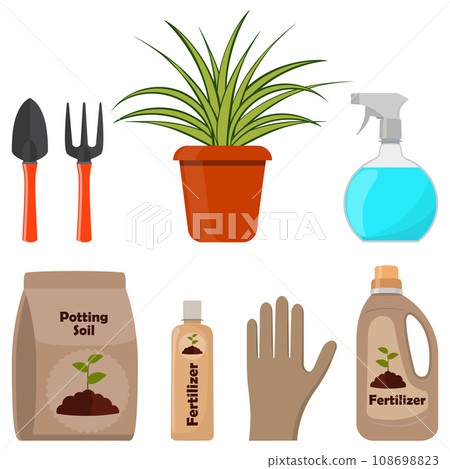 Potted plant. Potting soil, various fertilizers in bottles and spray gun, gardening tools. Vector illustration in flat style. Potted plant. Potting soil, various fertilizers in bottles and spray gun, gardening tools. Vector illustration in flat style. 108698823