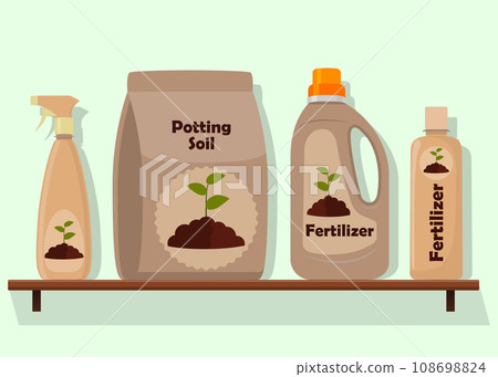 Packing with soil for potted plants. Potting soil, various fertilizers in bottles and spray gun. Vector illustration in flat style. Packing with soil for potted plants. Potting soil, various fertilizers in bottles and spray gun. Vector illustration in flat style. 108698824