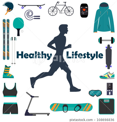 Silhouette of a running man, surrounded by icons of sports equipment for different sports. Healthy lifestyle illustration icon set for infografics. 108698836