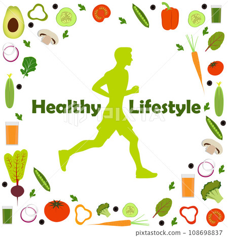 Silhouette of a running man, surrounded by icons of vegetables. Healthy lifestyle illustration icon set for infographics. Silhouette of a running man, surrounded by icons of vegetables. Healthy lifestyle illustration icon set for infographics. 108698837