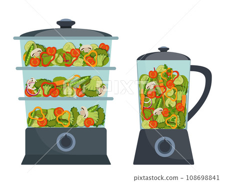 Stylish modern double boiler and blender with different vegetables inside. Broccoli, pepper, red tomato, carrot, onion, greens. Vector illustration in flat style. 108698841