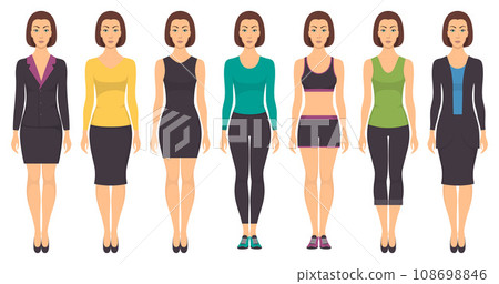 Beautiful young woman standing in full growth in different clothes, formal, business, everyday, sports. Woman in elegant and casual clothes. Basic wardrobe. Vector illustration, isolated. 108698846