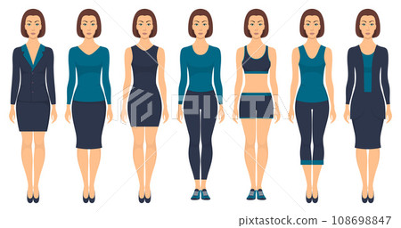 Beautiful young woman standing in different clothes, formal, business, everyday, sports. Woman in elegant and casual clothes. Basic wardrobe in two colors. Vector illustration, isolated. 108698847