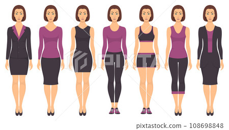 Beautiful young woman standing in different clothes, formal, business, everyday, sports. Woman in elegant and casual clothes. Basic wardrobe in two colors. Vector illustration, isolated. 108698848