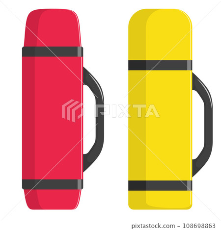 Modern thermoses for hot drinks, set. Flasks of different shapes. Vector illustration in flat style. Modern thermoses for hot drinks, set. Flasks of different shapes. Vector illustration in flat style. 108698863