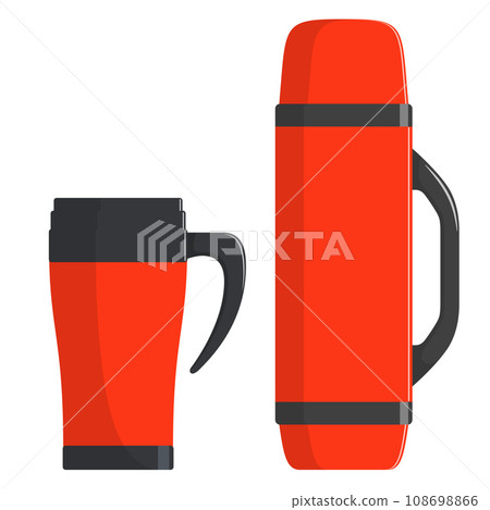 Thermo cup, travel mug, thermos isolated on white background. Modern thermoses for hot drinks, set. Flasks of different shapes. Modern Vector illustration in flat style. Thermo cup, travel mug, thermos isolated on white background. Modern thermoses for hot drinks, set. Flasks of different shapes. Modern Vector illustration in flat style. 108698866