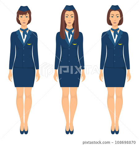 Stewardesses in blue uniform, set. Stewardess standing in full growth. Vector illustration, isolated, flat style. 108698870