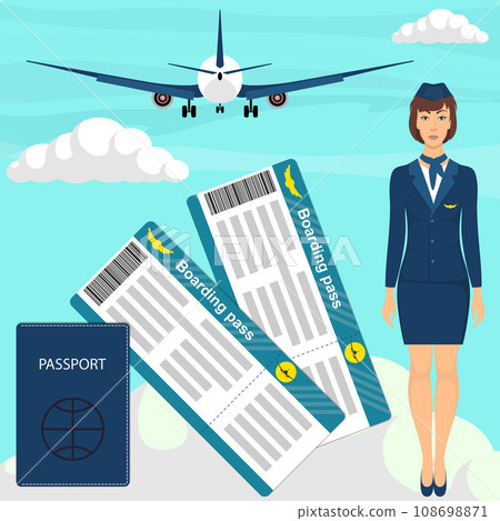 Travel concept with stewardess woman in blue uniform, flight tickets, passport, airplane in the sky on background. Vector illustration. Travel concept with stewardess woman in blue uniform, flight tickets, passport, airplane in the sky on background. Vector illustration. 108698871