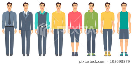 Young man standing in full growth in different clothes, formal, business, everyday, sports. Man in elegant and casual clothes. Basic wardrobe. Vector illustration, isolated. Young man standing in full growth in different clothes, formal, business, everyday, sports. Man in elegant and casual clothes. Basic wardrobe. Vector illustration, isolated. 108698879