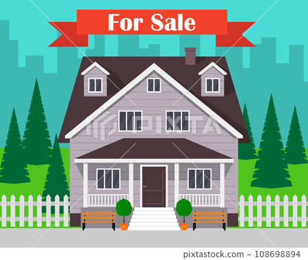 House for sale. Traditional cottage s facade, house selling concept. Vector illustration in flat style. 108698894