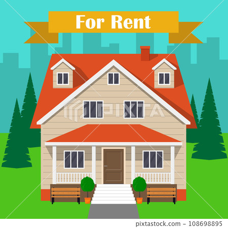 House for rent. Traditional cottage s facade, house renting concept. Vector illustration in flat style. 108698895