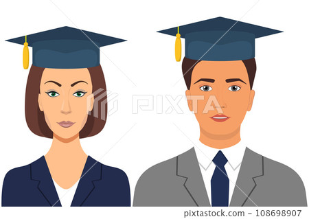Student s graduation avatars. Man and woman in graduation caps. Vector illustration in flat style. 108698907