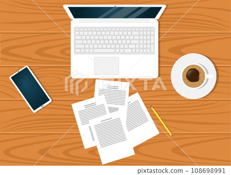 Modern workplace on on beautiful wooden table surface, top view. Laptop, documents, pencil, smartphone, cup of coffee. 108698991