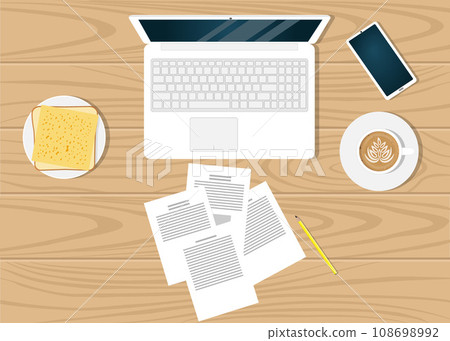 Modern workplace on on beautiful wooden table surface, top view. Laptop, documents, pencil, smartphone, cup of coffee. 108698992