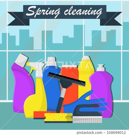Spring cleaning concept. Bottles of detergent, washing powder, bottle of spray, cleaning sponge, cleaning brush, glass scraper, rubber gloves. Big window and city on background. Vector illustration. 108699012