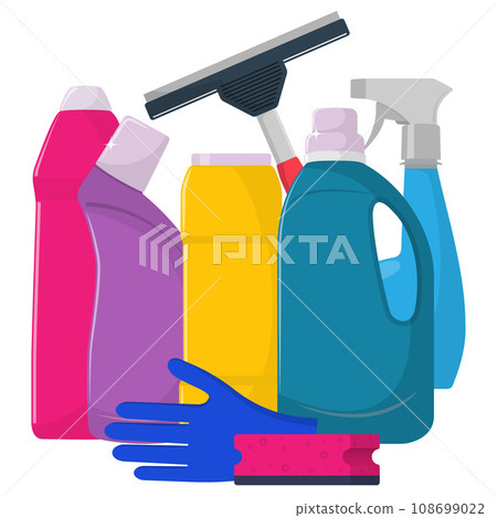 The bottles of detergent, washing powder, detergent powder, bottle of spray, cleaning sponge, cleaning brush, glass scraper. Cleaning services concept. Vector illustration, flat style, isolated. The bottles of detergent, washing powder, detergent powder, bottle of spray, cleaning sponge, cleaning brush, glass scraper. Cleaning services concept. Vector illustration, flat style, isolated. 108699022